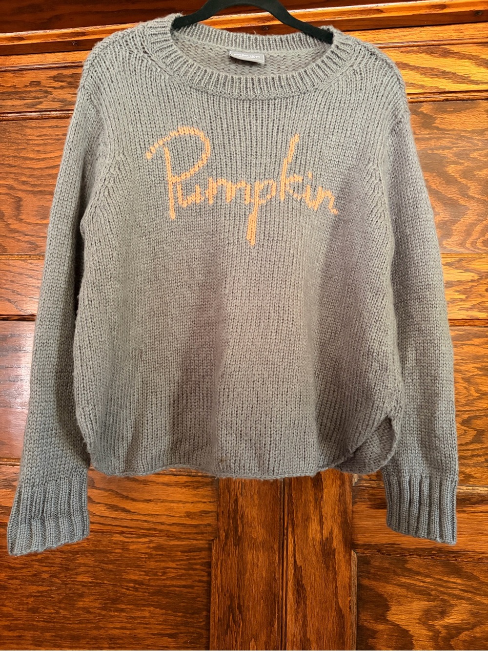 Wooden Ships Gray Crewneck Sweater with Orange 'Pumpkin' Script